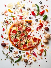 A playful portrait layout with a white background, featuring an explosion of pizza ingredients like pepperoni, olives, green peppers, mushrooms, and mozzarella cheese scattered across the frame.