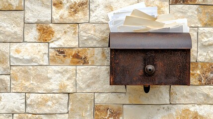 Overfilled rustic mailbox on a stone wall.  Perfect for themes of communication, mail, or rustic design.