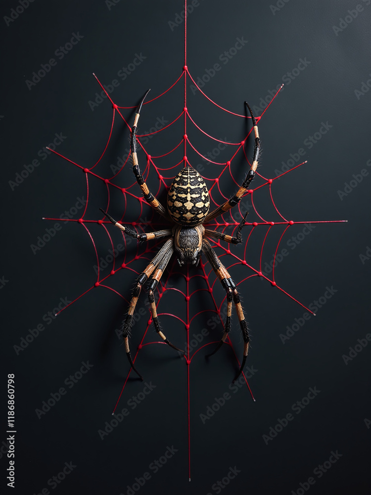 Poster a spider and red web are against a black wall in a spooky halloween background setting with dark sha