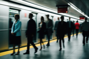 fast movement on the subway, blurry figures of passengers and bright lights of the station, creating a dynamic atmosphere of city life