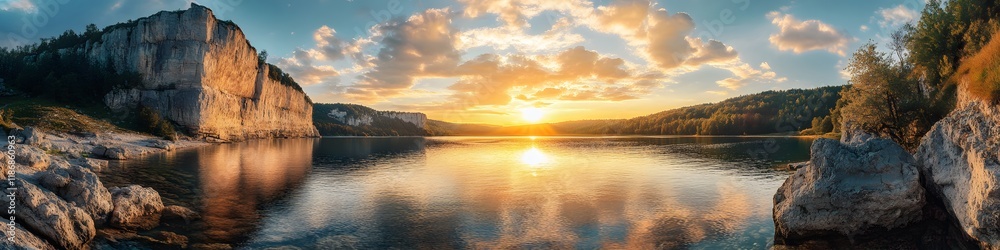 Poster wide-angle shot of the shimmering lake glowing under golden hour light, with vibrant clouds casting 
