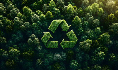 Aerial view Forest recycle symbol, sunrise