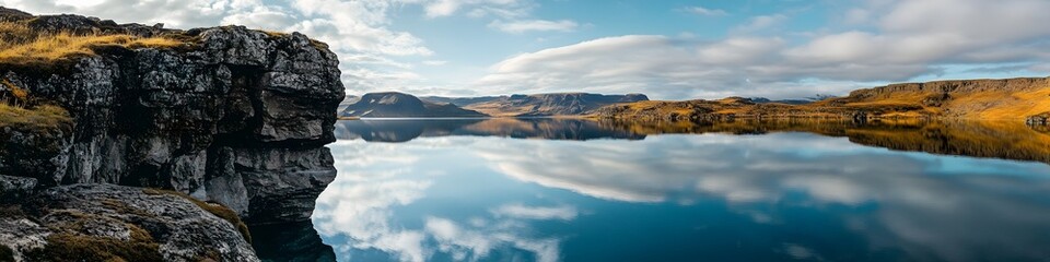 Fototapeta premium Panoramic view of Lake Srvagsvatns shimmering waters reflecting the vibrant sky, with rugged cliffs adding cinematic depth, in 4K resolution