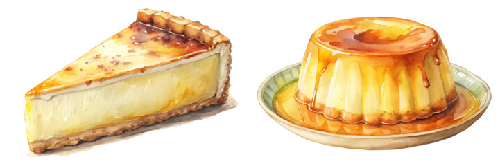 Delicious cheesecake slice, creamy flan dessert, watercolor illustration, sweet treats, culinary art, food photography.