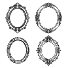 Oval vintage picture frames set. Hand drawn Victorian retro sketch style. Vector illustrations isolated on white.