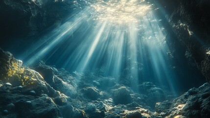 Fototapeta premium Sunbeams illuminate underwater cave.