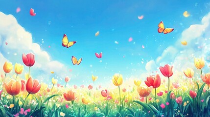 Vibrant Tulip Fields Under a Clear Blue Sky with Butterflies