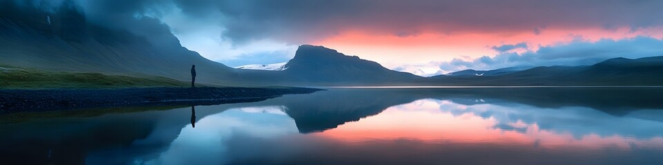Fototapeta premium Panoramic view of a lone figure standing at the edge of Traelanipan, with Lake Srvagsvatn reflecting the vibrant colors of twilight, in 4K resolution
