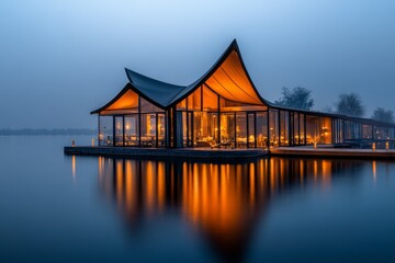 Fototapeta premium A serene lakeside with a glowing, UV-safe atmosphere, where people relax under reflective canopies