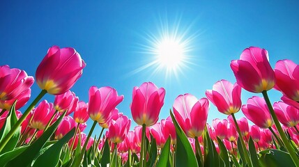 Stunning Field of Pink Tulips Stretching into the Horizon Under Sun