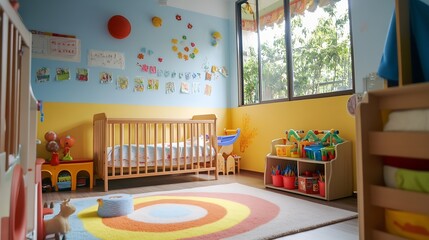 Bright and Colorful Nursery Room with Wooden Crib and Educational Decor : Generative AI