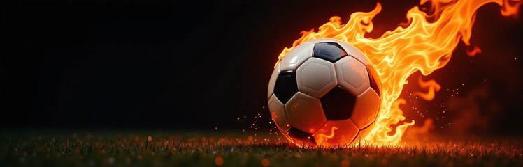 Naklejka premium A Soccer Ball Is Engulfed By Flames On A Dark Black Background Creating A Dramatic Visual Effect Suddenly. 00001