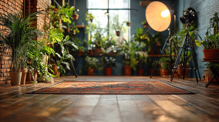 Fototapeta premium Room with a rug and plants. The plants are in pots and the room is very bright