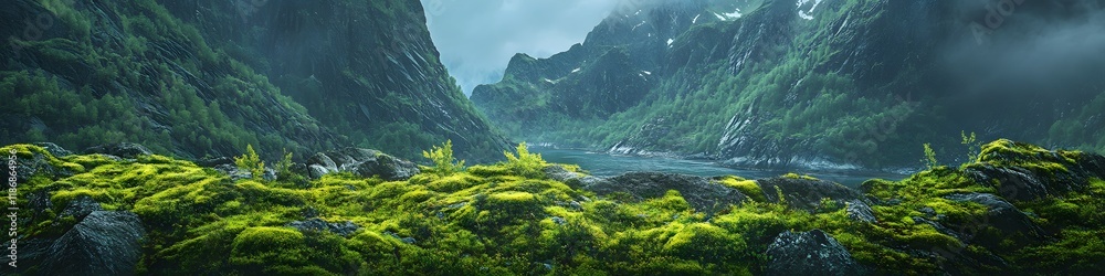 Poster Panoramic view of the iconic Lofoten fjords illuminated by the first light of dawn, with vibrant greenery and rugged cliffs creating a cinematic landscape, in 4K resolution