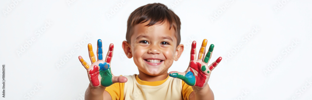 Poster a smiling young boy has colorful painted hands isolated against a pure white background in this simp