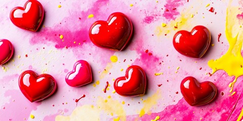 A bunch of red hearts on a pink and yellow background