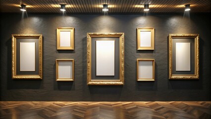 empty golden picture frames with blank canvas on black wall in art gallery exhibition 3d render illustration mock up template 