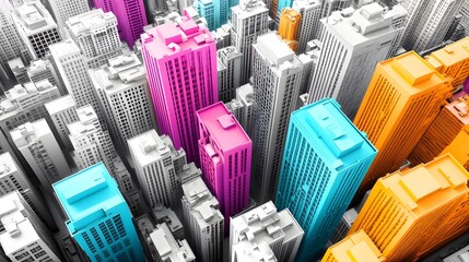 Obraz premium Vibrant Contrast in the Urban Cityscape Colorful Building Stands Out Among Gray Skyscrapers