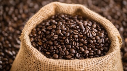 Fototapeta premium Rustic Burlap Sack Brimming with Fresh Roasted Coffee Beans : Generative AI