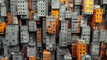 Clustered Gray Cityscape with Vibrant Orange Residential Building