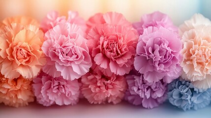 Fototapeta premium Beautiful Array of Softly Colored Carnations in Shades of Pink, Peach, and Purple Against a Delicate Background Perfect for Floral Designs and Decorative Projects