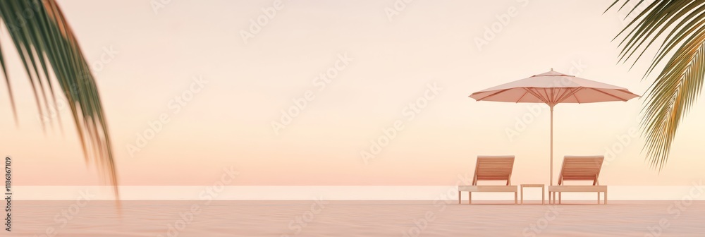 Poster two empty sunbeds and beach umbrella stand on sandy beach at sunset, creating a serene and inviting 