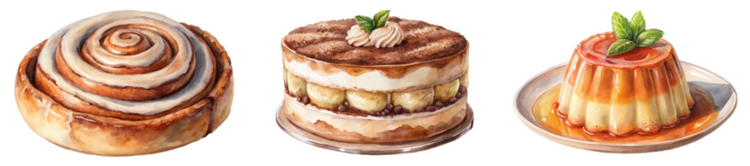 Delicious dessert assortment, creamy tiramisu, sweet cinnamon roll, smooth caramel flan, tempting treats, gourmet pastries.