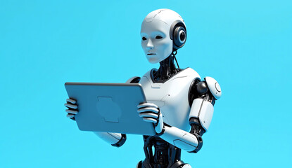 Fototapeta premium An artificially intelligent robot with a tablet. AI robot with advanced CPU and writing skills. 