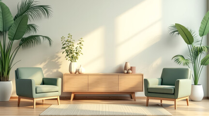 Fototapeta premium sage green armchairs light wood cabinet a tranquil interior