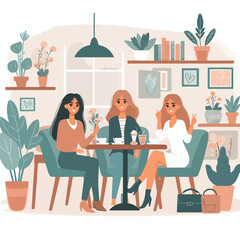 Flat young girl friends in cafe on meeting vector image
