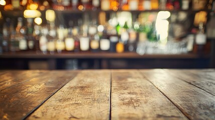 Rustic wooden bar counter with blurred background of liquor bottles. Perfect for product placement, menus, or bar-themed designs.