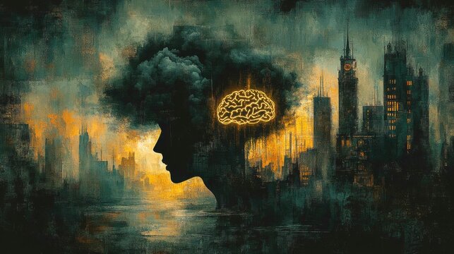 Silhouette of a head with a dark storm cloud over a glowing brain, symbolizing depression and inner struggles with contrasting light and shadow effects