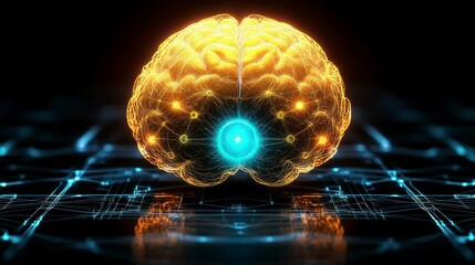 Artistic concept of a yellow brain from above, with glowing neurons and pulsating energy flowing through, symbolizing intellectual activity and innovation