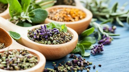 Assortment of Culinary Herbs and Spices in Wooden Spoons on Vibrant Table : Generative AI