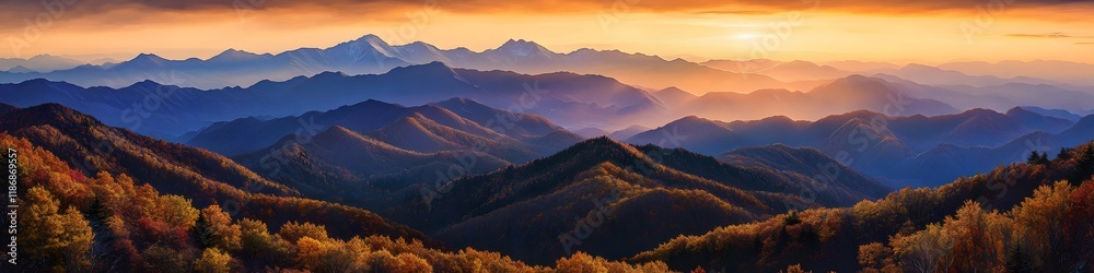 Poster panoramic view of the jagged peaks of mount yake glowing under golden hour light, with fiery autumn 