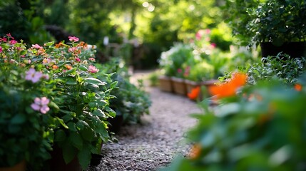 Naklejka premium Serene Garden Pathway Surrounded by Vibrant Flowers on a Sunny Day : Generative AI