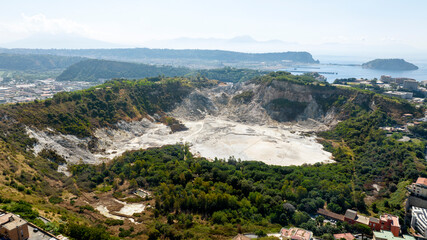 Aerial view of Solfatara in Pozzuoli, near Naples, Italy. It is a shallow volcanic crater part of...