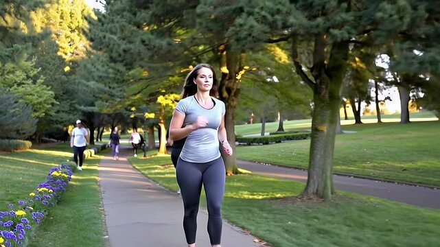 A Caucasian woman dressed in comfortable, casual sportswear walks briskly along a tree-lined path in a quiet park