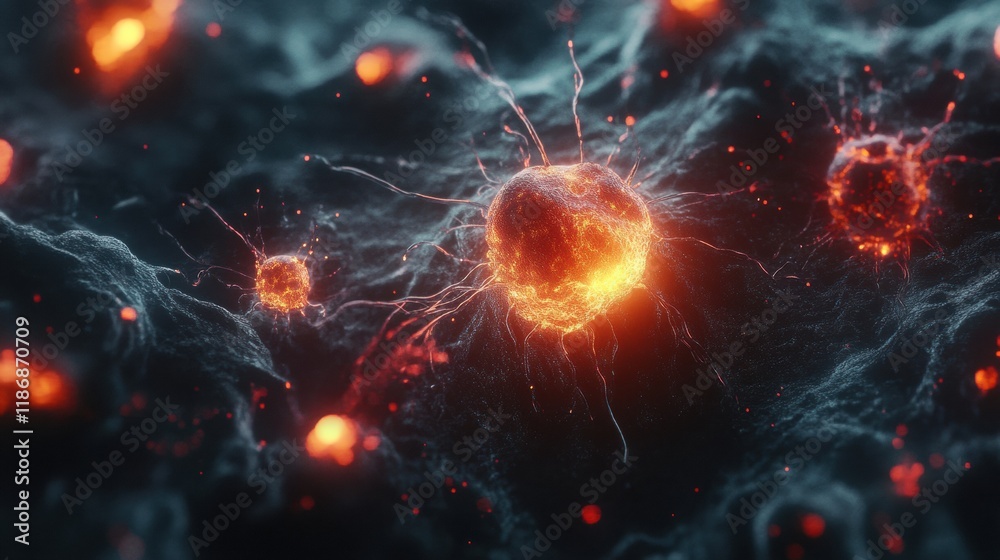 Poster glowing edges of cancer cells illuminated in a dark environment revealing intricate details and text
