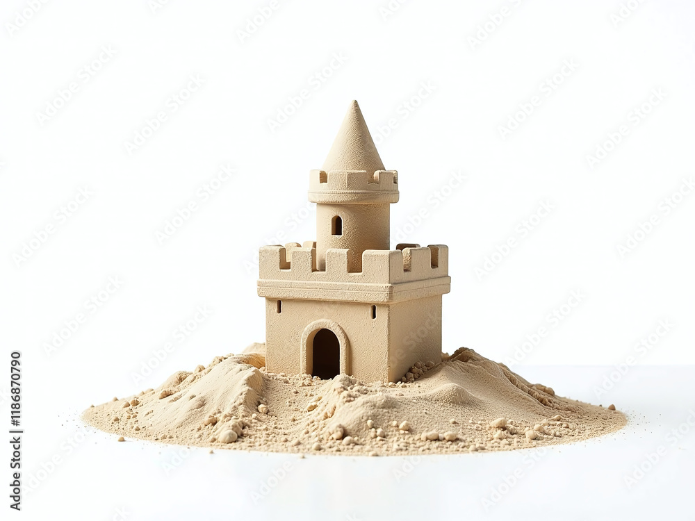 Poster a small sand castle stands alone on a white beach against a transparent png background with plenty o