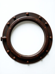 A Small Round Metal Porthole Window From A Rusted Old Ship Is Isolated Against A Clean White Background. 00003