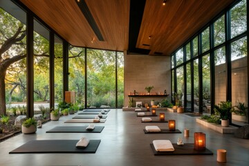 A vibrant outdoor yoga class in a UV-protected pavilion surrounded by lush greenery