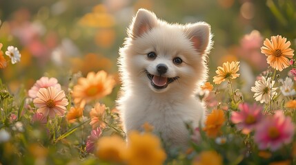 Happy puppy in a colorful flower field.