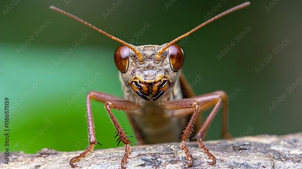 Aufkleber Closeup of a Grasshopper on a Branch Green and Detailed Insect Macro : Generative AI