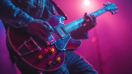 Naklejka premium Close-Up of a Musician Playing Electric Guitar Under Colorful Stage Lights in a Live Concert Environment, Capturing the Energy and Passion of Music Performance