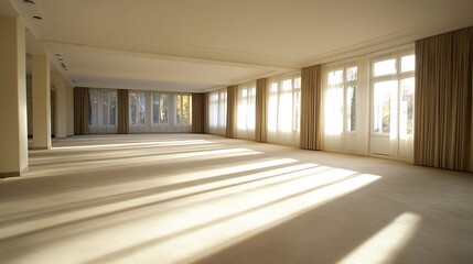 Spacious Vacant Room with Sunlight Filtering Through Large Windows : Generative AI
