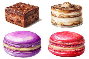 Delicious dessert assortment, watercolor style, sweet treats, colorful macarons, rich cake layers, appealing food illustration.