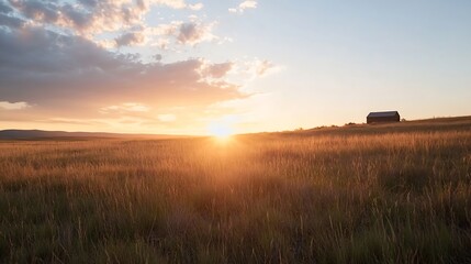 Sunset over Vast Field with Remote Barn in Open Countryside : Generative AI
