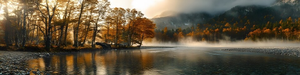 Fototapeta premium Panoramic view of the autumn-draped forests of Kamikochi glowing under soft twilight hues, with mist rising from the serene river, in 4K resolution