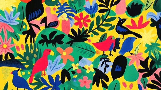 Vibrant Birds and Tropical Flowers: A Joyful, Modern Art Print